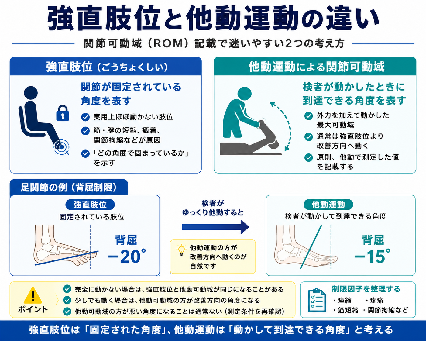 強直肢位と他動運動による関節可動域の違いを整理した図版