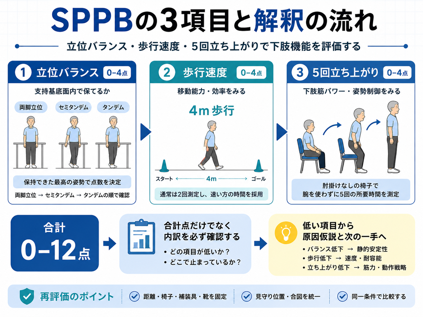 SPPBの立位バランス・4m歩行・5回立ち上がりと、合計点から介入へつなげる解釈の流れ