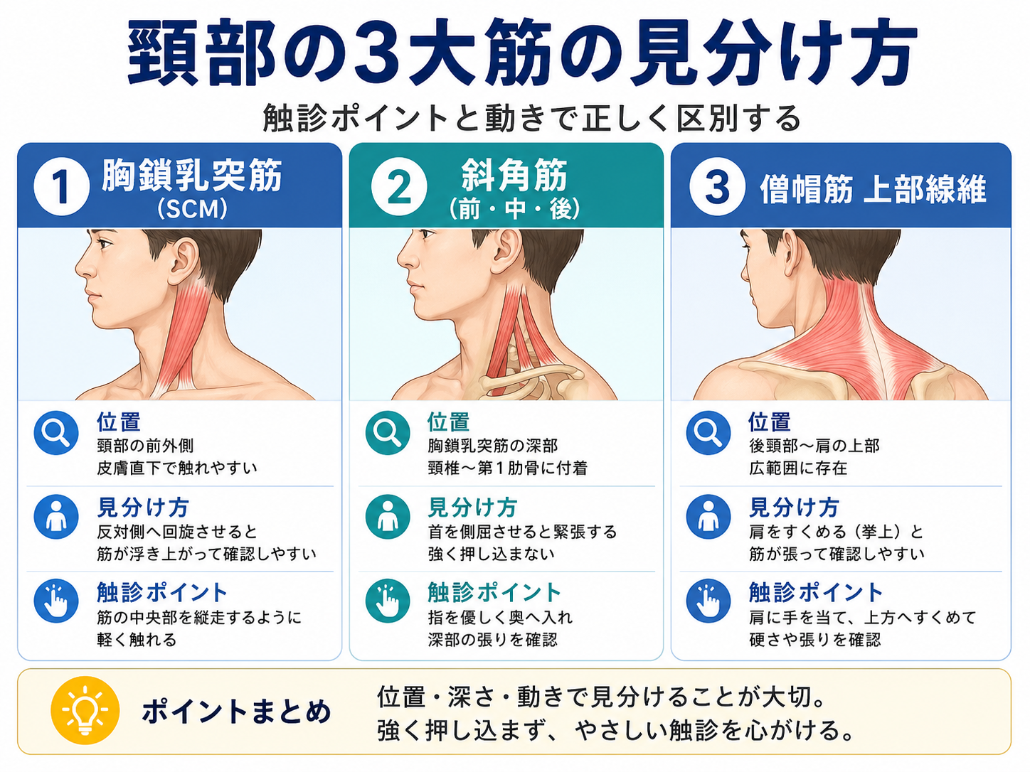 胸鎖乳突筋・斜角筋・僧帽筋上部線維の位置と見分け方を比較した図版