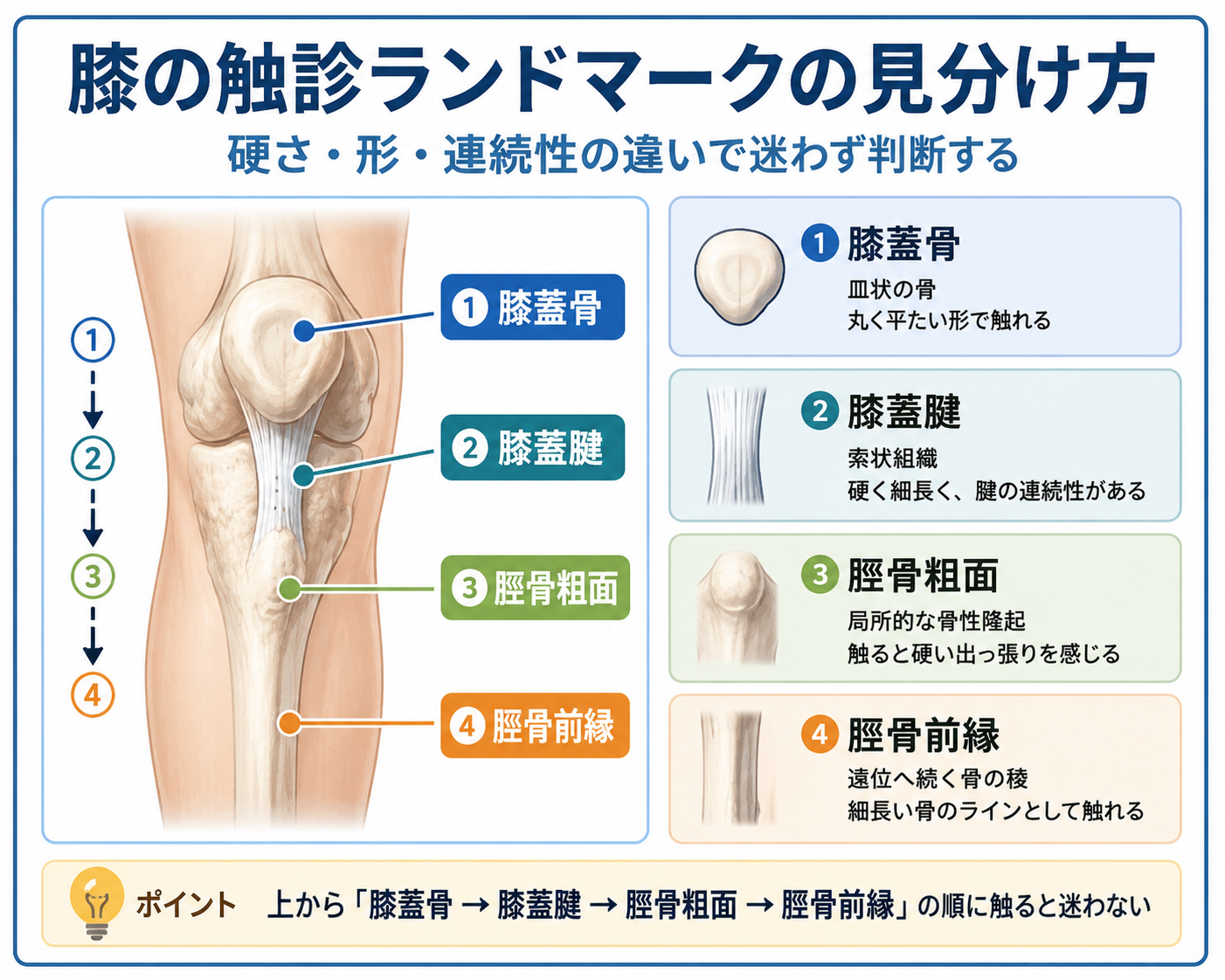 膝蓋骨・膝蓋腱・脛骨粗面・脛骨前縁の位置と触診時の見分け方