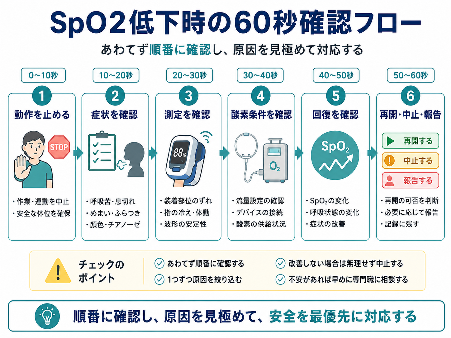 SpO2低下時に動作停止から再開・中止・報告までを順番に確認する60秒フロー