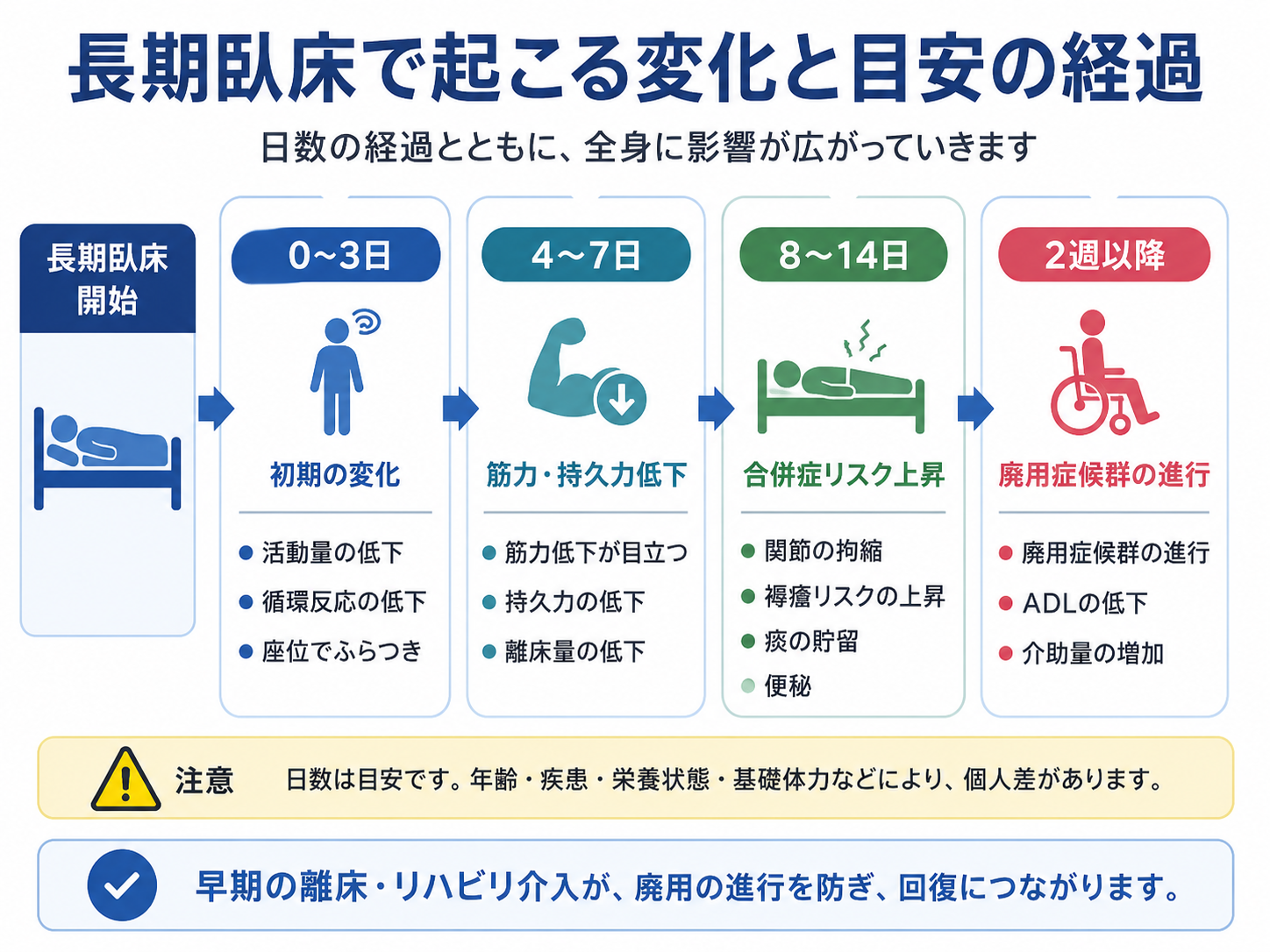 長期臥床で起こる変化と目安の経過を、臥床開始から2週以降までの時間軸で整理した図