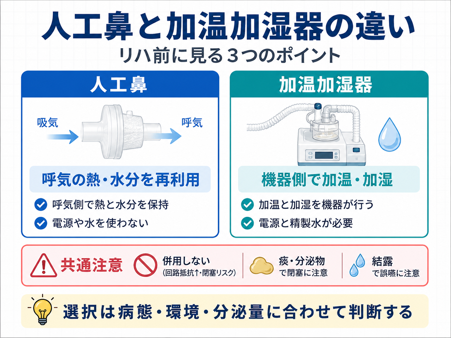 人工鼻と加温加湿器の違いとリハ前に見るポイントを整理した図版