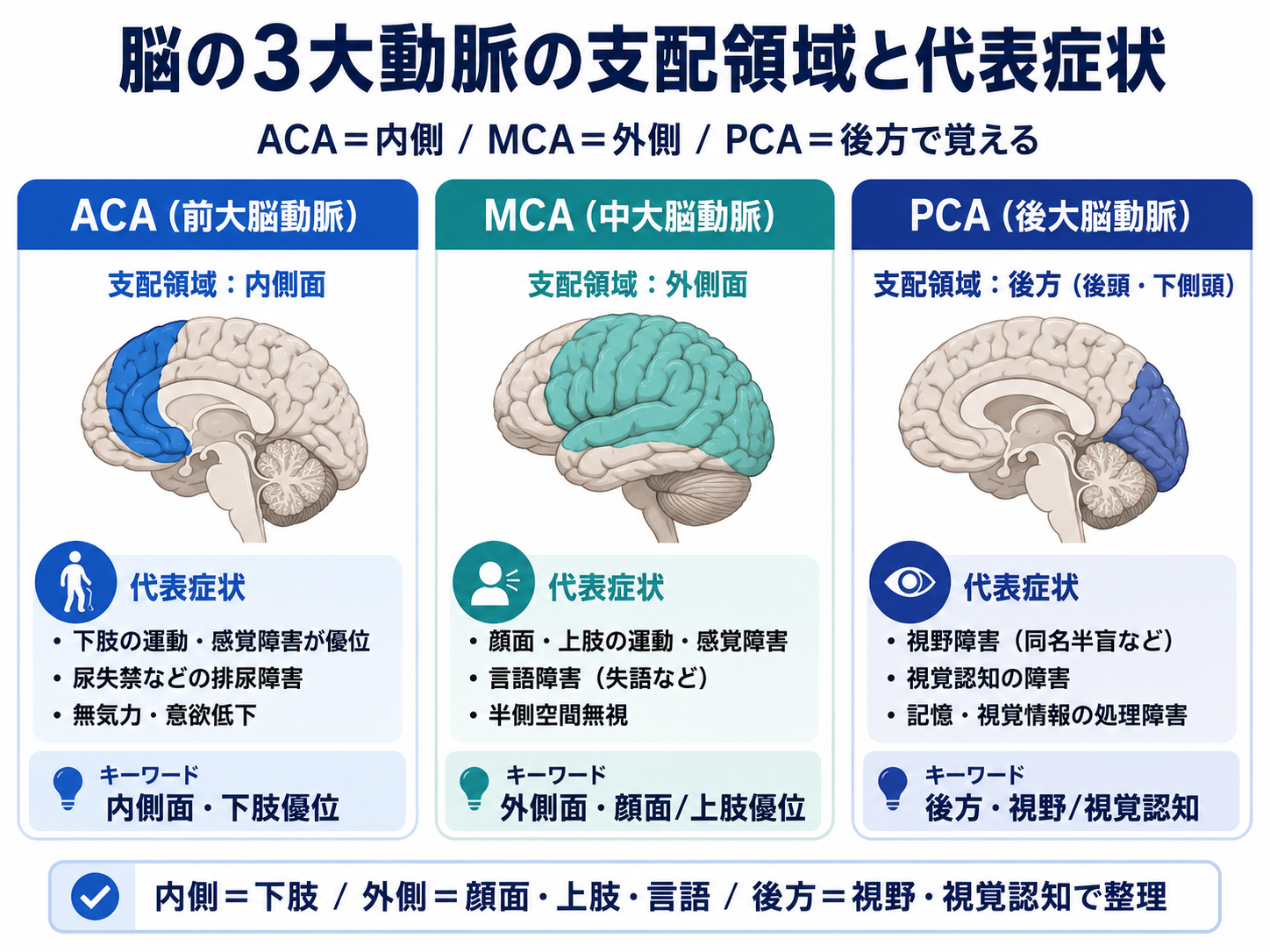 脳の3大動脈であるACA・MCA・PCAの支配領域と代表症状を比較した図。ACAは内側面と下肢、MCAは外側面と顔面・上肢・言語、PCAは後方と視野・視覚認知を示している。