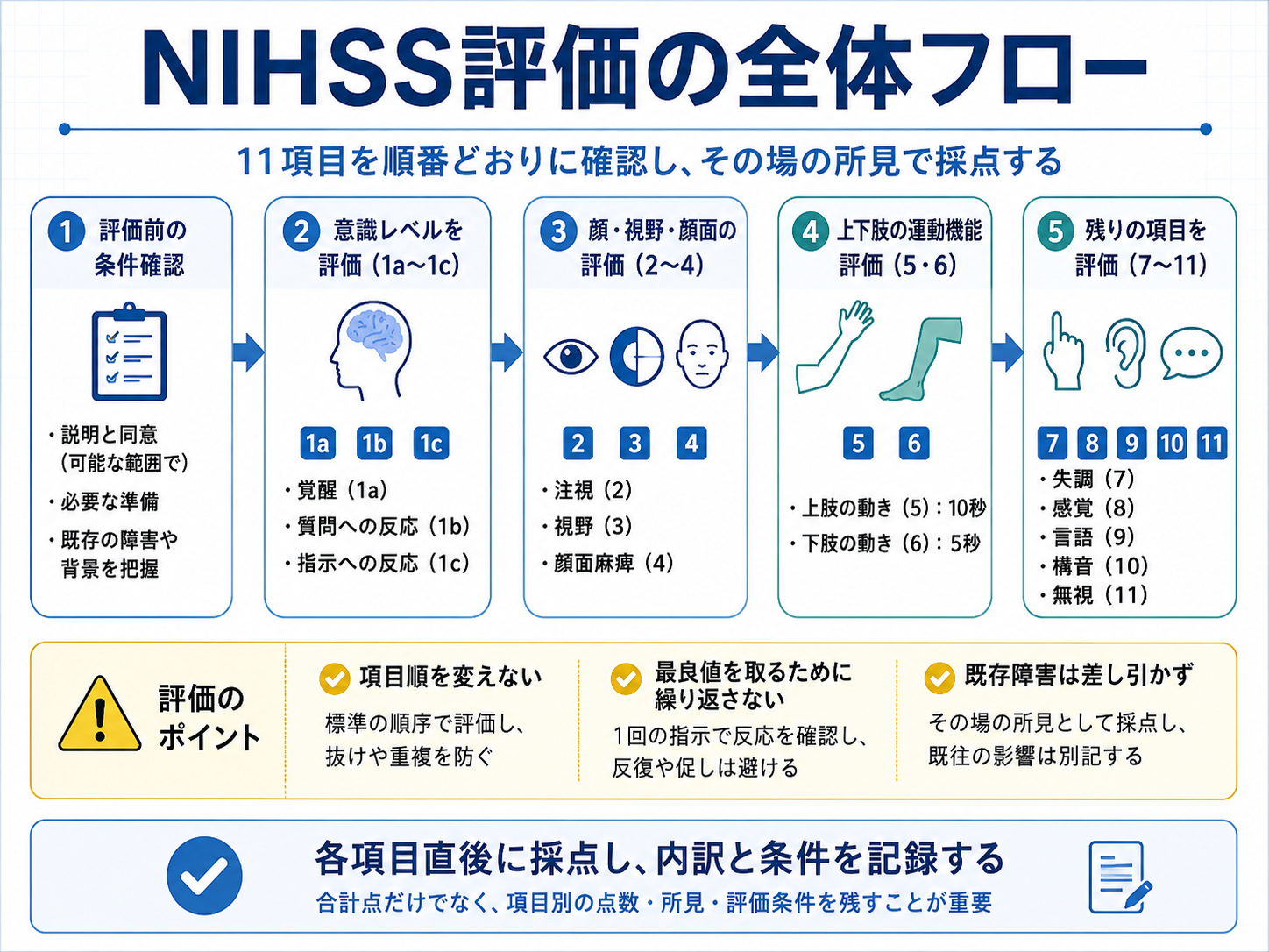 NIHSS評価の全体フロー。評価前の条件確認から意識、注視、視野、顔面、上下肢運動、失調、感覚、言語、構音、無視までを順番どおりに評価する流れ