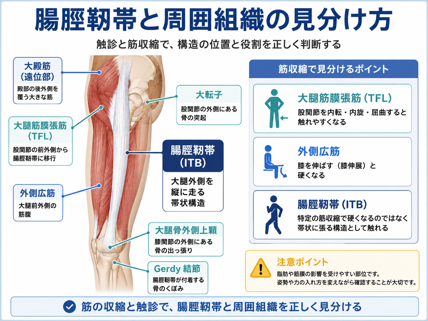 腸脛靭帯と大腿筋膜張筋・外側広筋・大殿筋の位置関係と見分け方