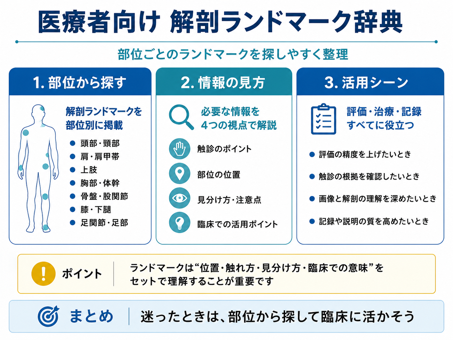医療者向け解剖ランドマーク辞典の使い方。部位から探し、位置・触診・見分け方を確認して評価や記録へ活用する流れ。