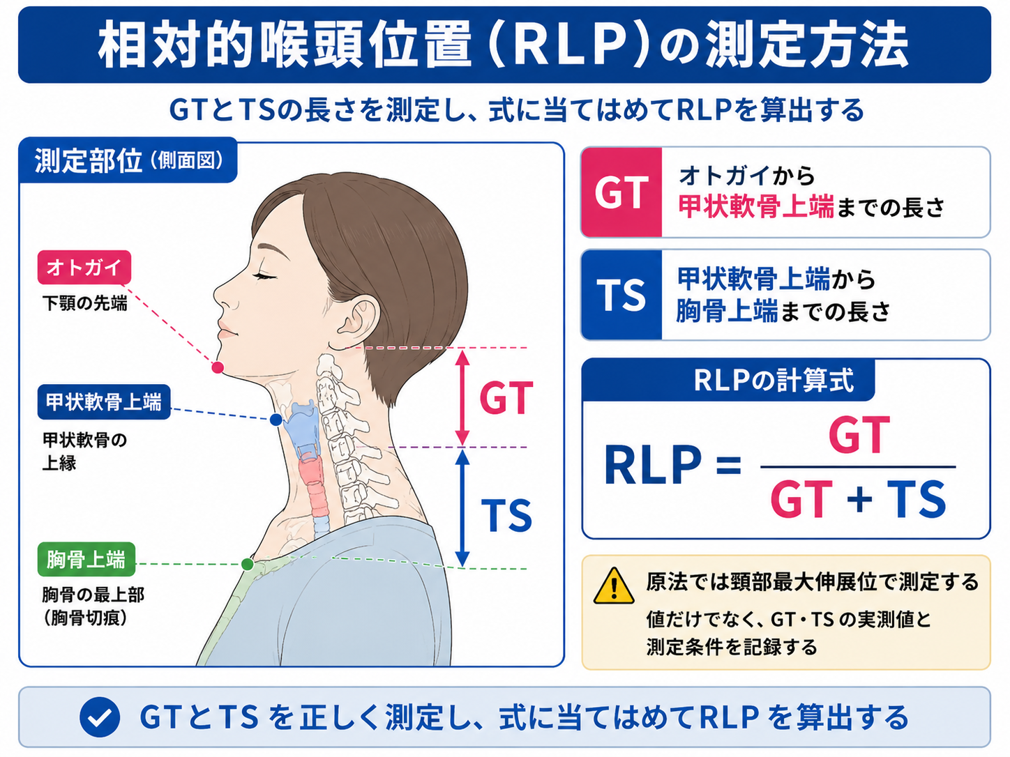 相対的喉頭位置の測定方法。オトガイ、甲状軟骨上端、胸骨上端を基準にGTとTSを測定し、GTをGTとTSの合計で割ってRLPを算出する図