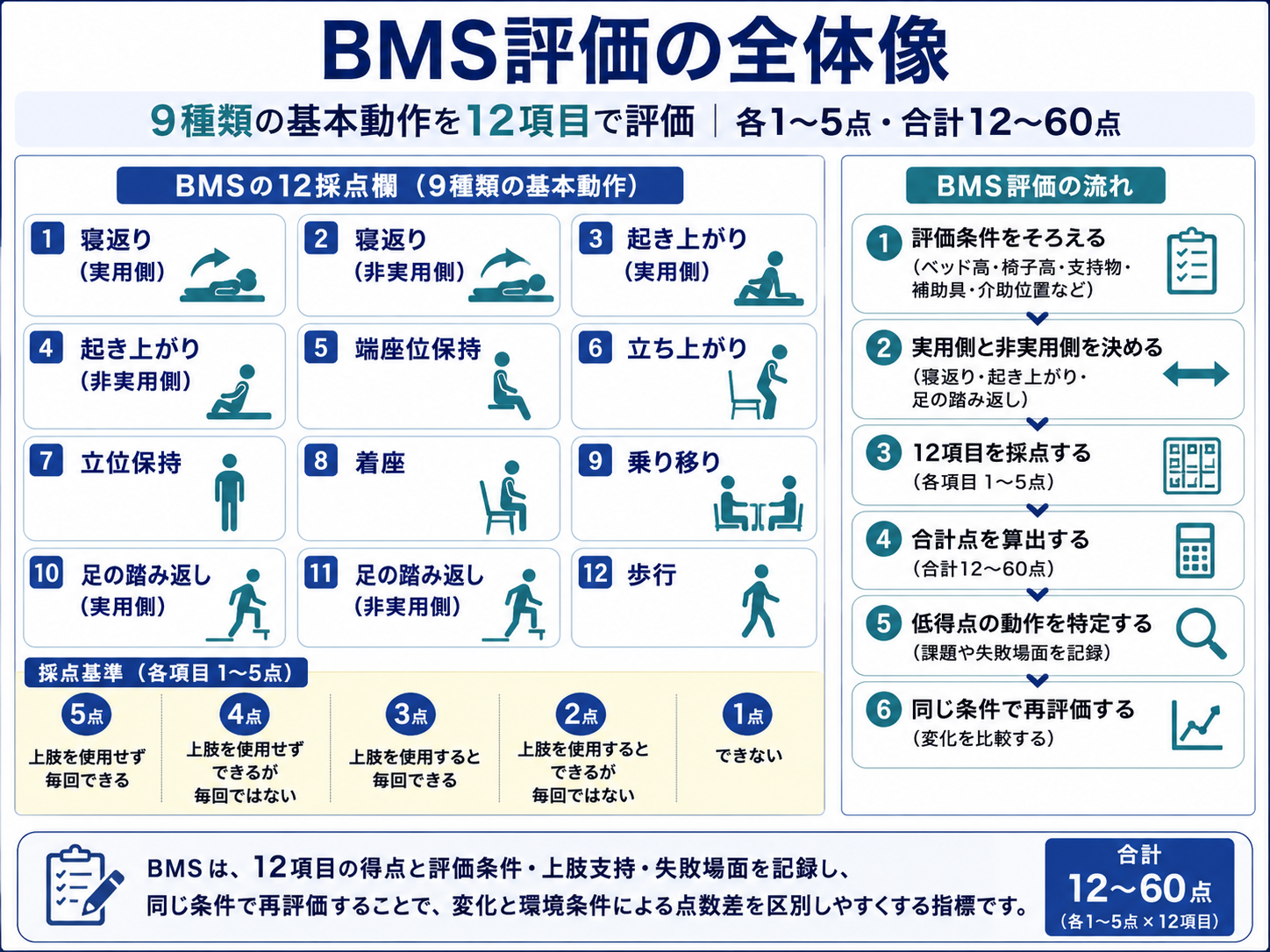 BMS評価の全体像。9種類の基本動作を12項目に分け、各1〜5点、合計12〜60点で評価する流れ