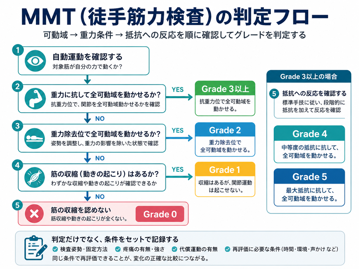 MMTのGrade 0から5までの判定フローを示す図版