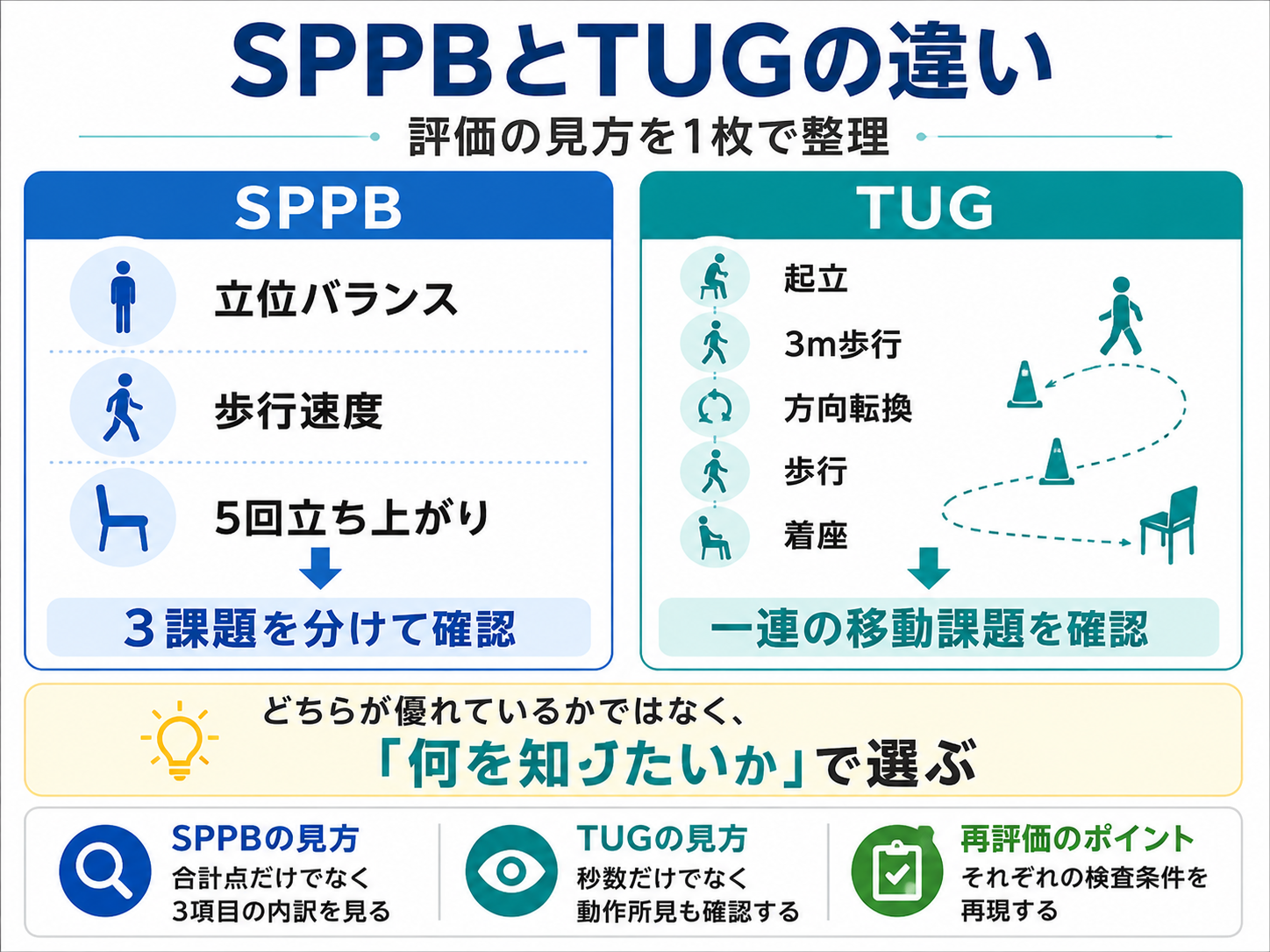 SPPBとTUGの違いを、SPPBの3課題とTUGの一連の移動課題で比較した図