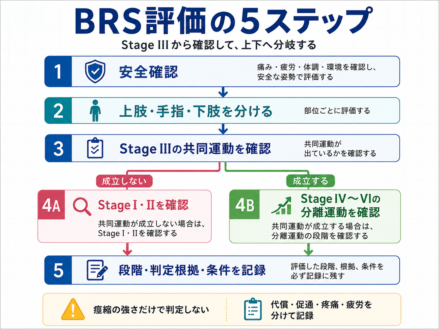 BRS評価の5ステップ。安全確認後、上肢・手指・下肢を分け、Stage IIIの共同運動を確認し、成立しなければStage I・II、成立すればStage IV〜VIの分離運動を確認して、段階・判定根拠・条件を記録する流れ