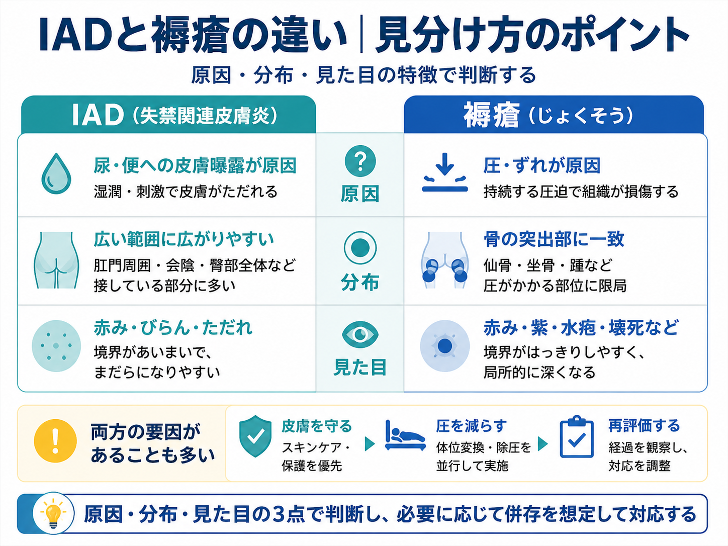 IADと褥瘡の違いを原因・分布・見た目の特徴で比較した図