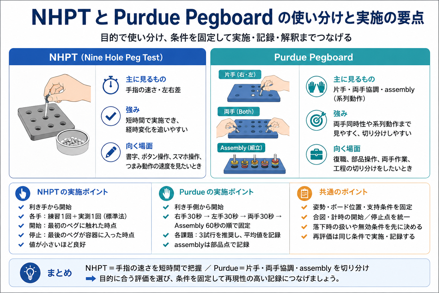 NHPTとPurdue Pegboardの違いと実施の要点を比較した図版