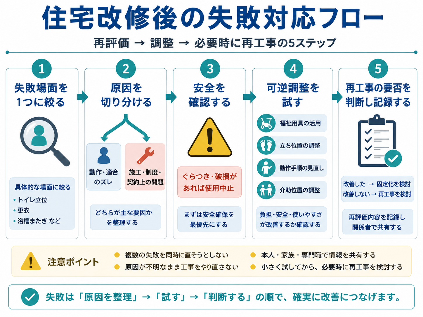 住宅改修後の失敗対応フロー。失敗場面を絞り、原因と安全性を確認し、可逆調整後に再工事の要否を判断する流れ