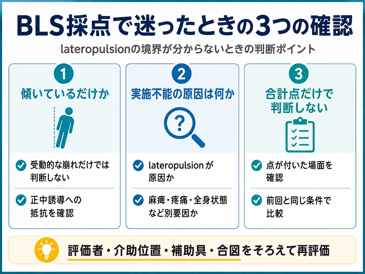 BLS採点で迷ったときに確認する、受動的な傾き、実施不能の原因、項目別評価の3ポイント
