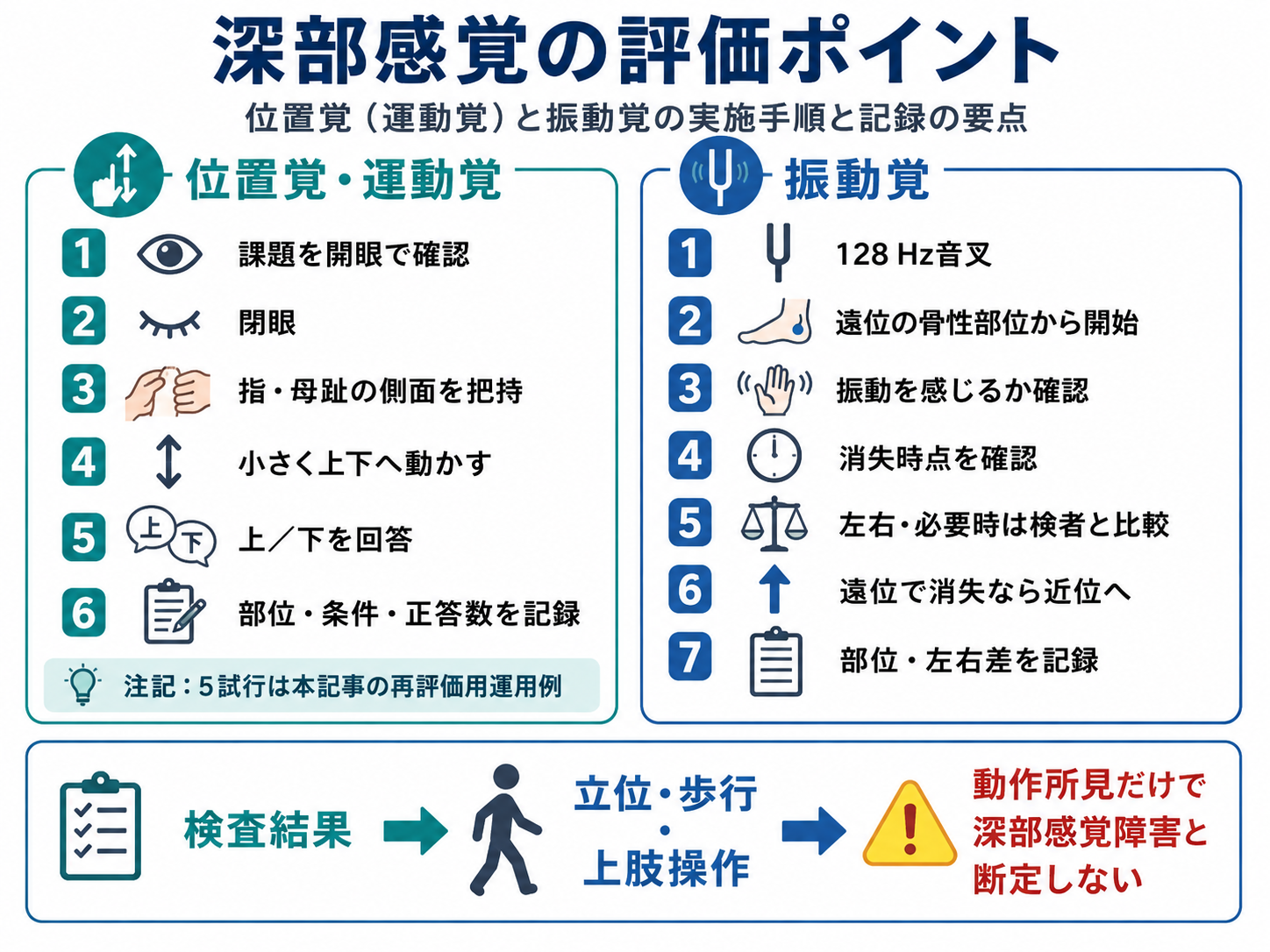 深部感覚の評価ポイント。位置覚・運動覚と振動覚の実施手順、記録の要点を示した図