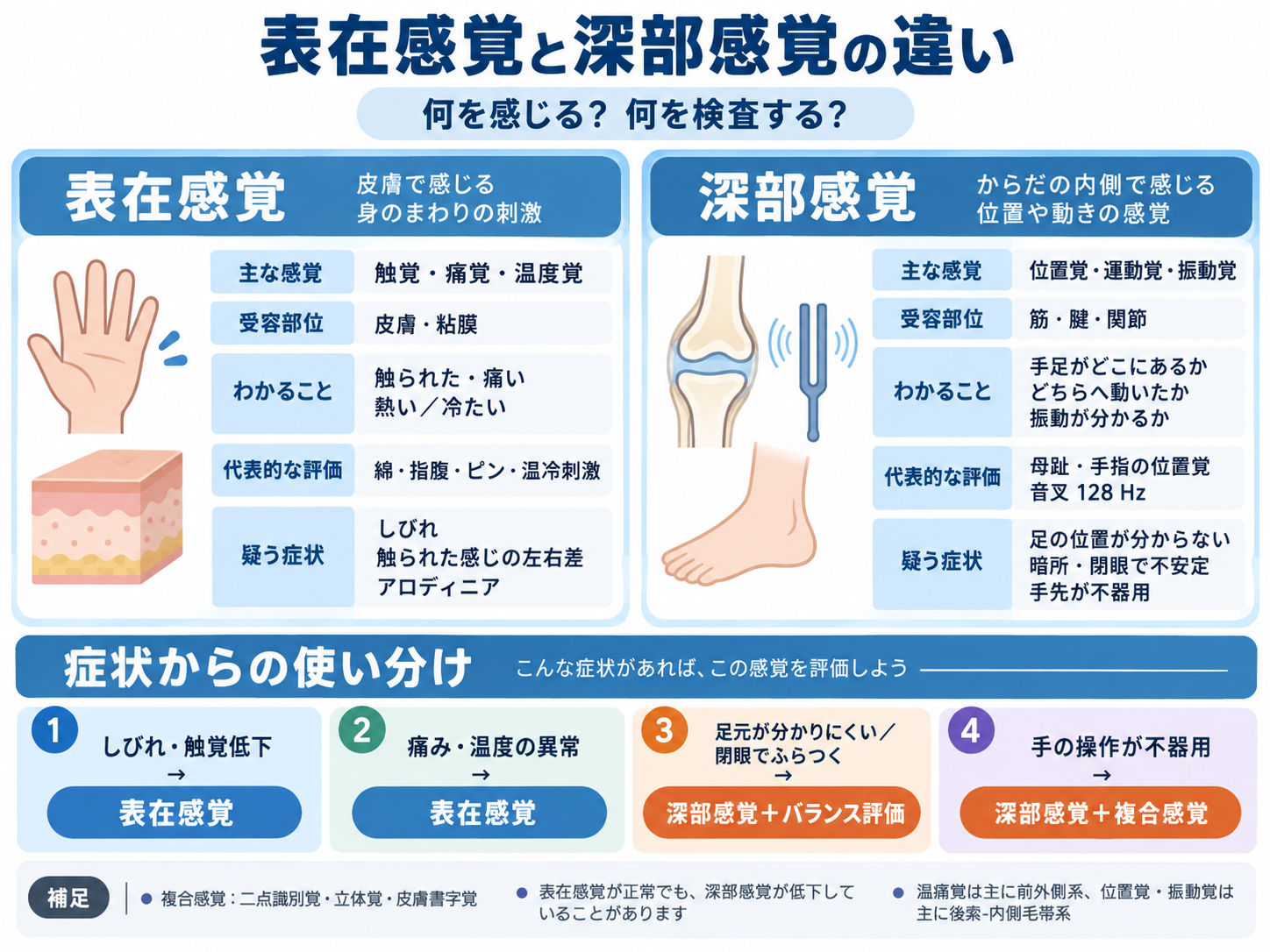 表在感覚と深部感覚の違いを代表感覚・評価方法・症状から比較した図