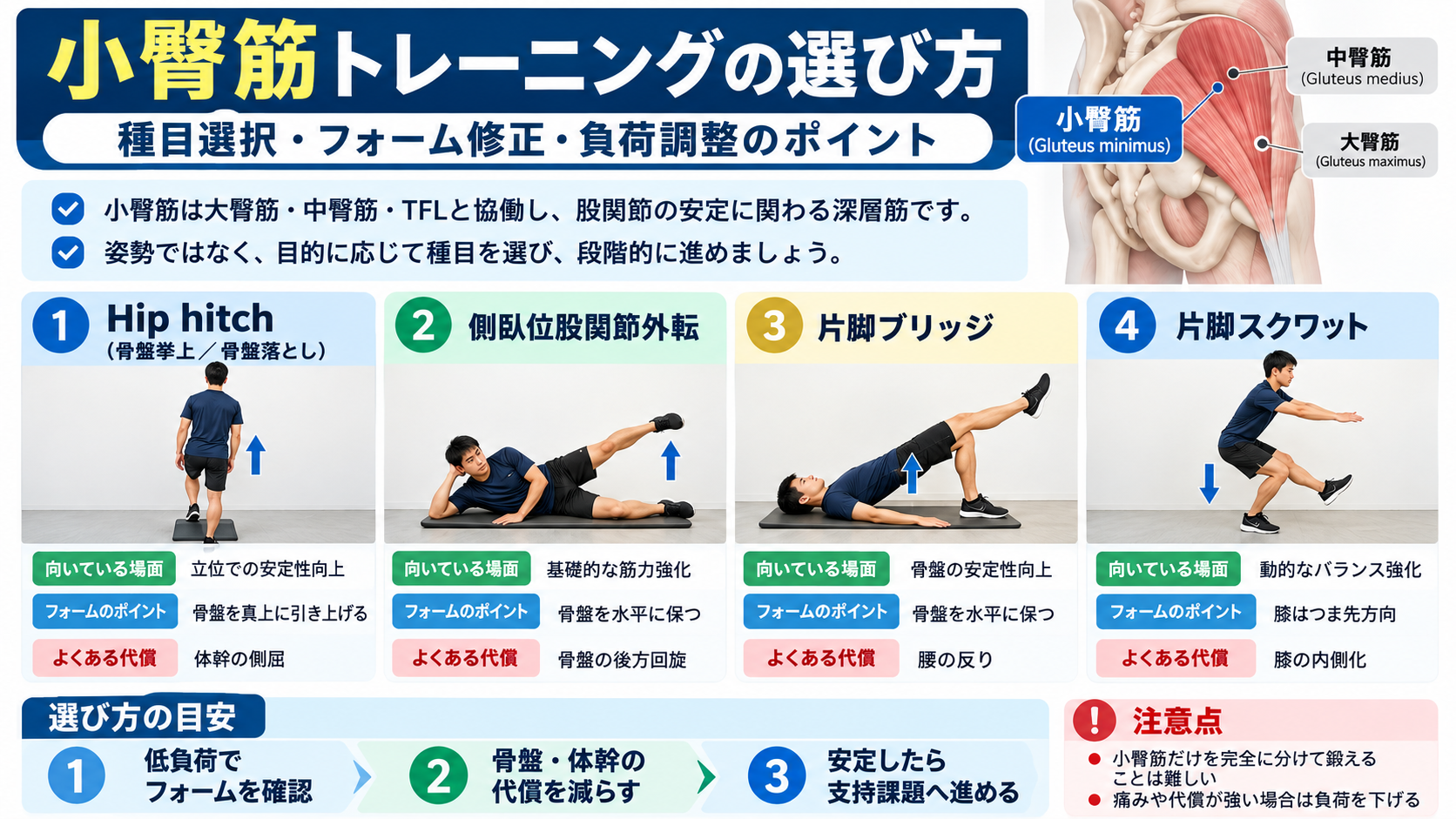 小臀筋トレーニングの種目選択とフォーム修正、負荷調整を整理した図版