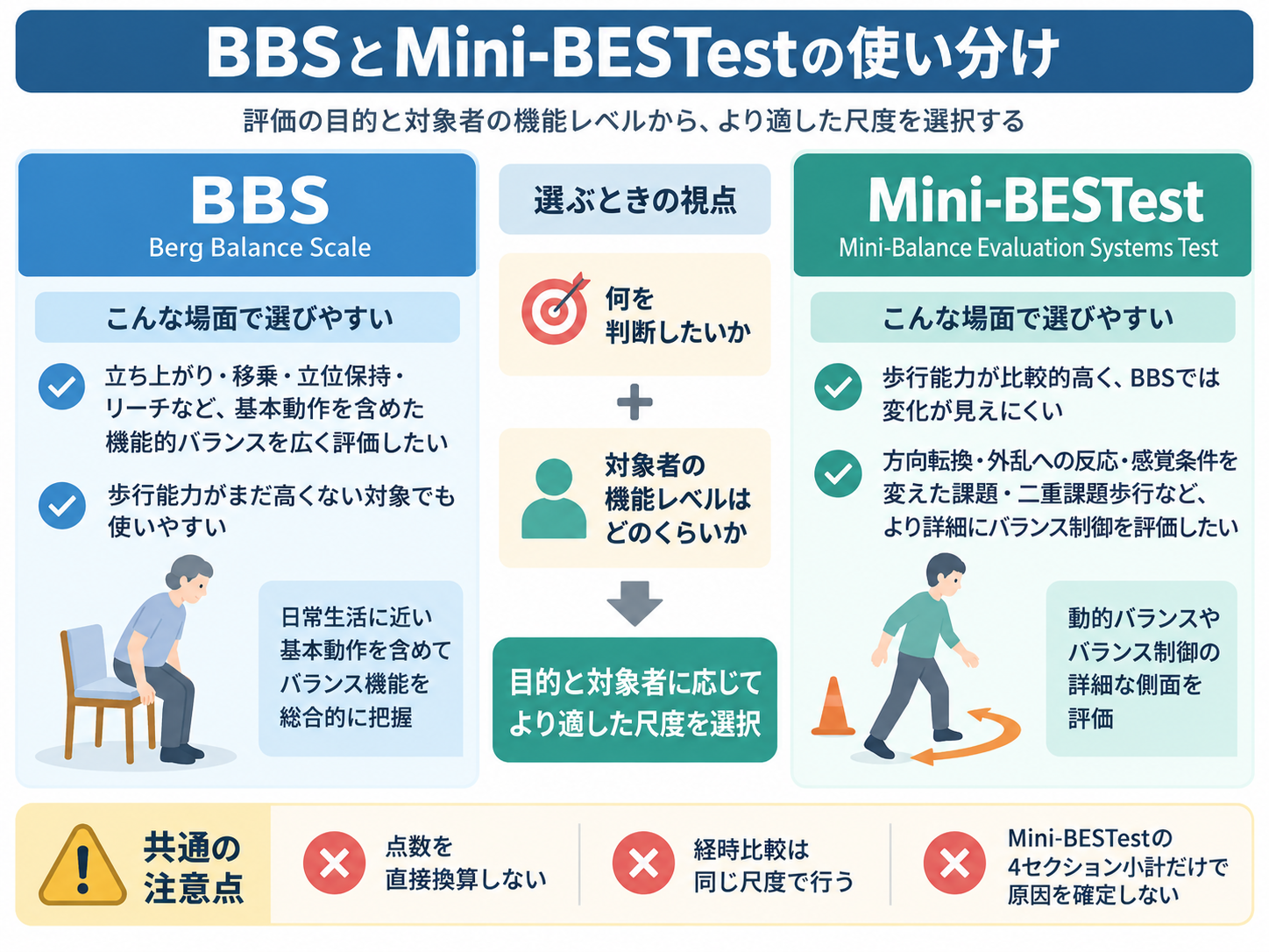 BBSとMini-BESTestの使い分けを評価目的と対象者の機能レベルで整理した図