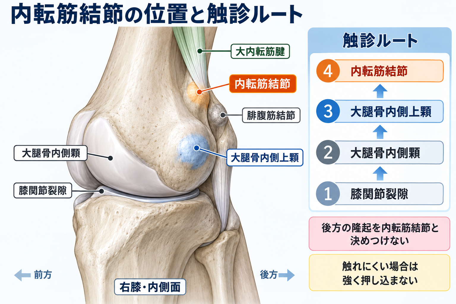 右膝内側面における内転筋結節、内側上顆、腓腹筋結節、大内転筋腱の位置関係と触診ルート