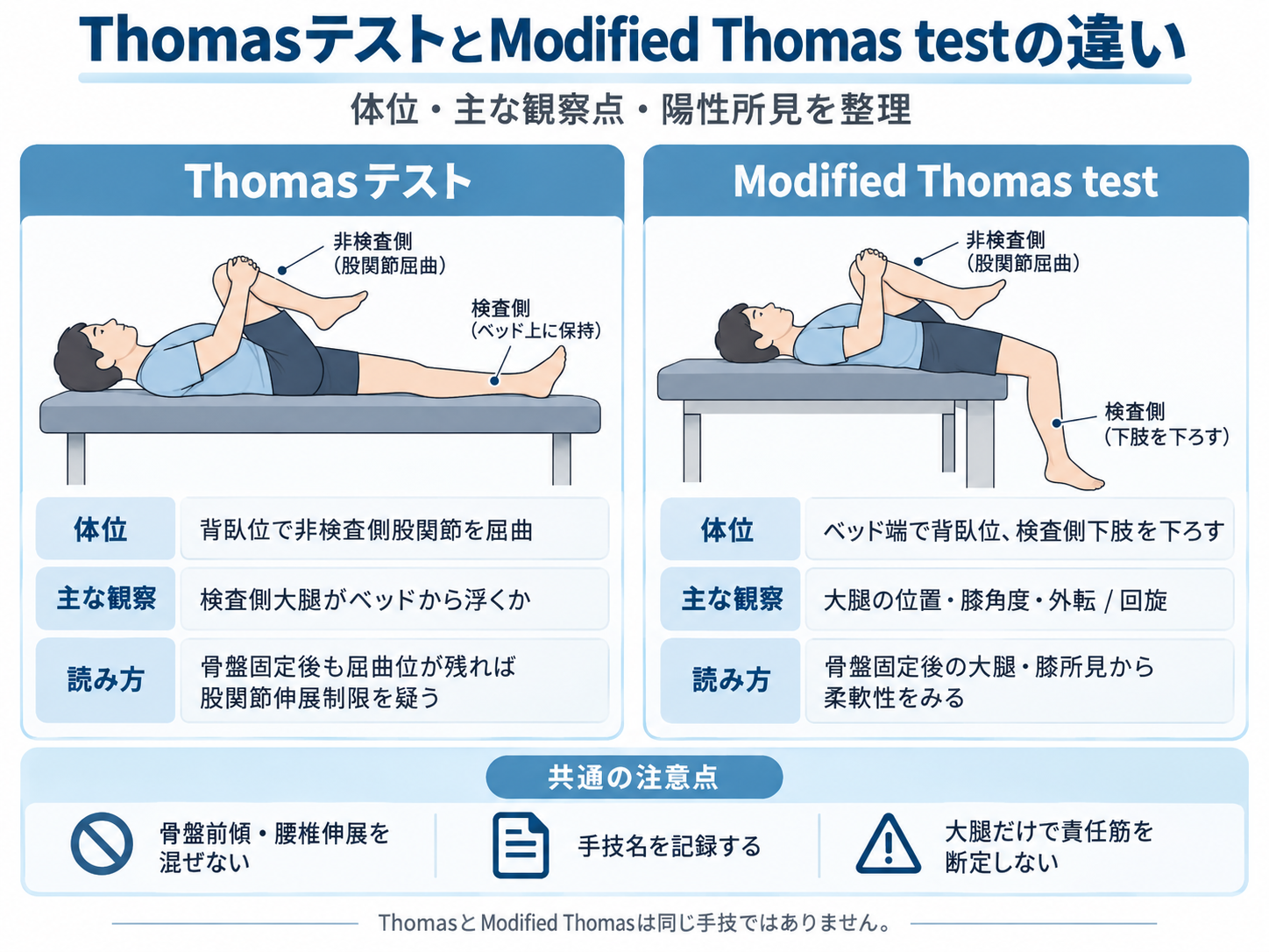 ThomasテストとModified Thomas testの体位・観察点・所見の違いを比較した図
