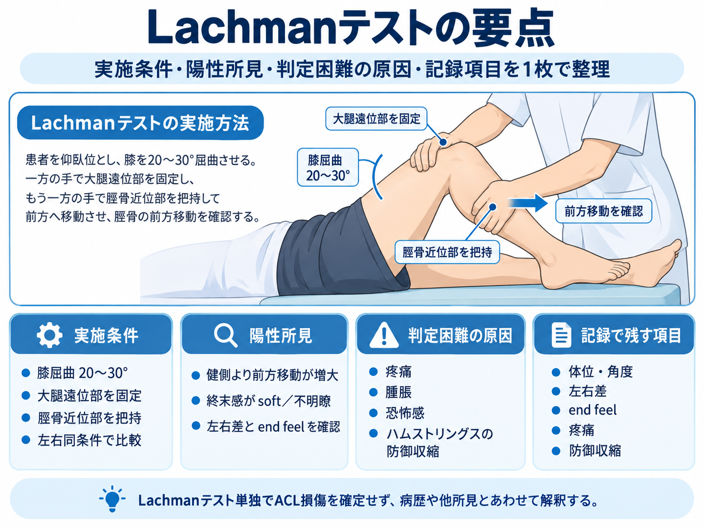 Lachmanテストの実施条件・陽性所見・判定困難の原因・記録項目をまとめた図版