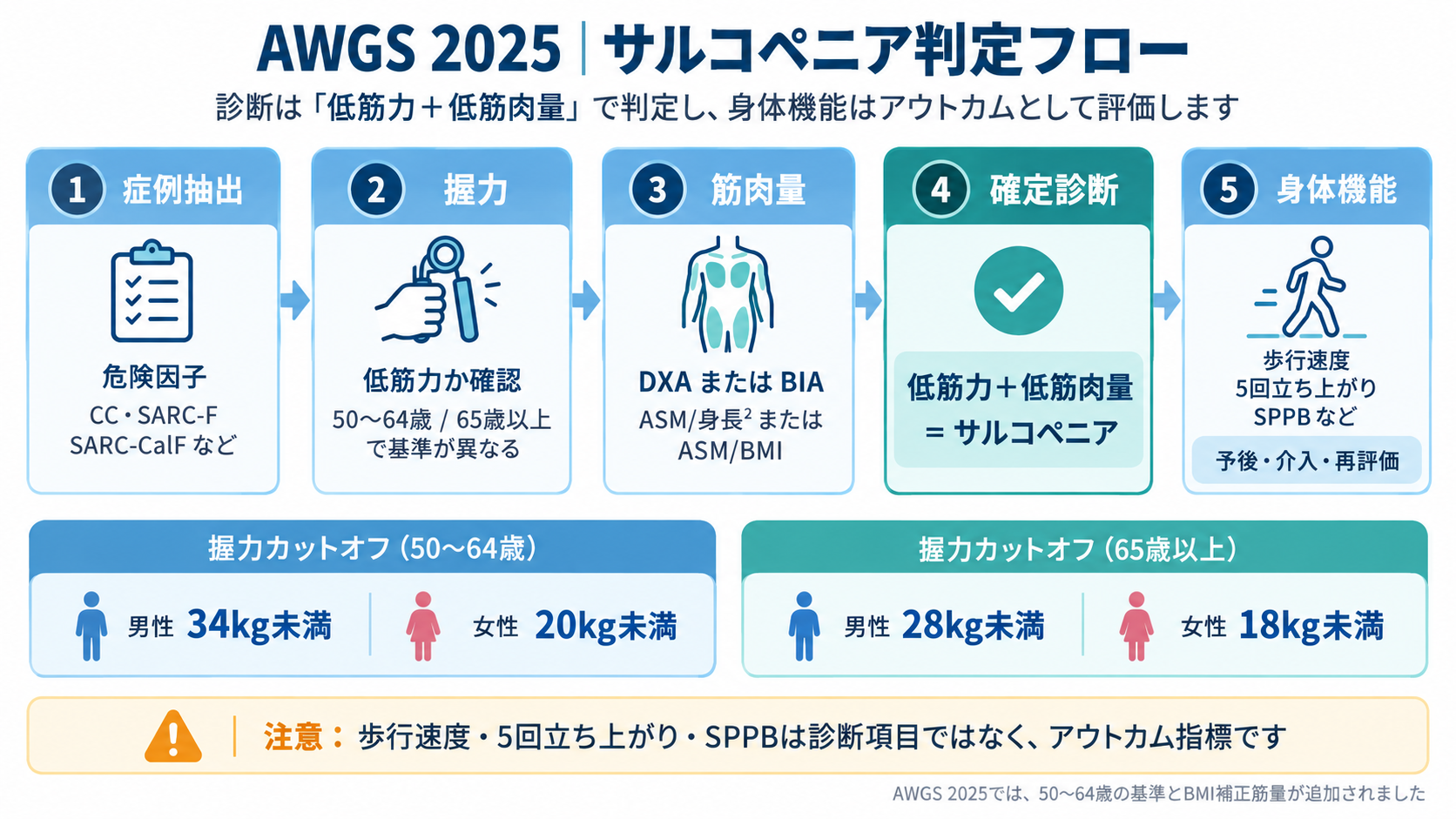 AWGS 2025のサルコペニア判定フローを症例抽出、握力、筋肉量、確定診断、身体機能の5ステップと年齢別握力カットオフで示した図版