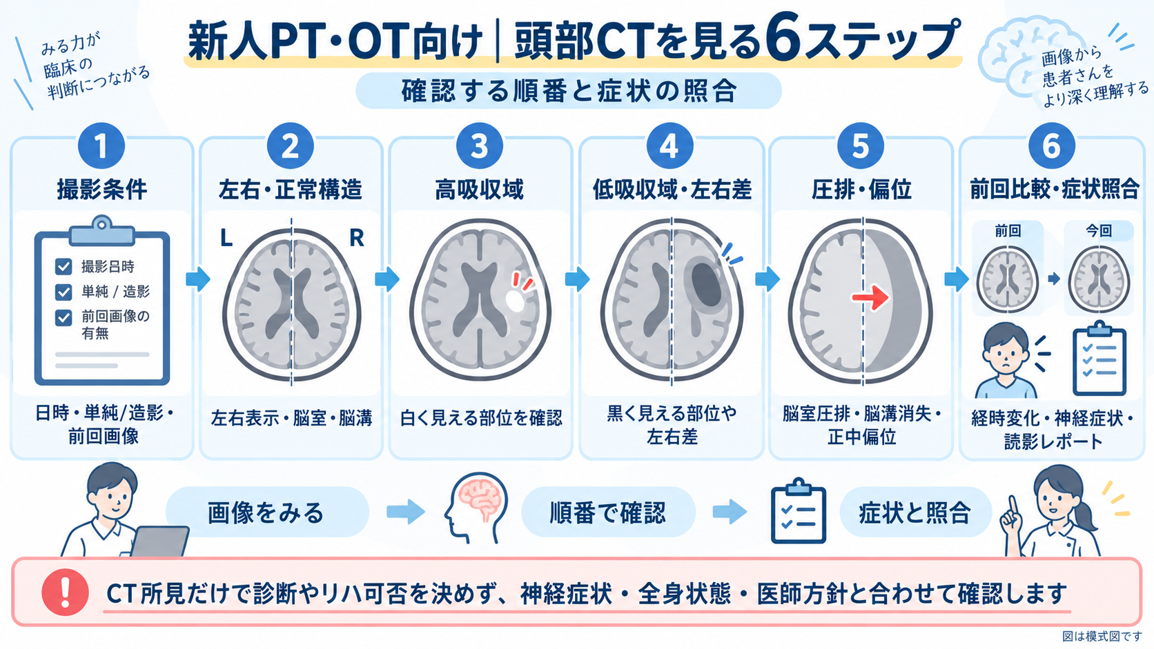 新人PT・OT向けに頭部CTを見る6ステップを模式的に整理した図。撮影条件、左右と正常構造、高吸収域、低吸収域・左右差、圧排・偏位、前回比較と症状照合の順に示している。
