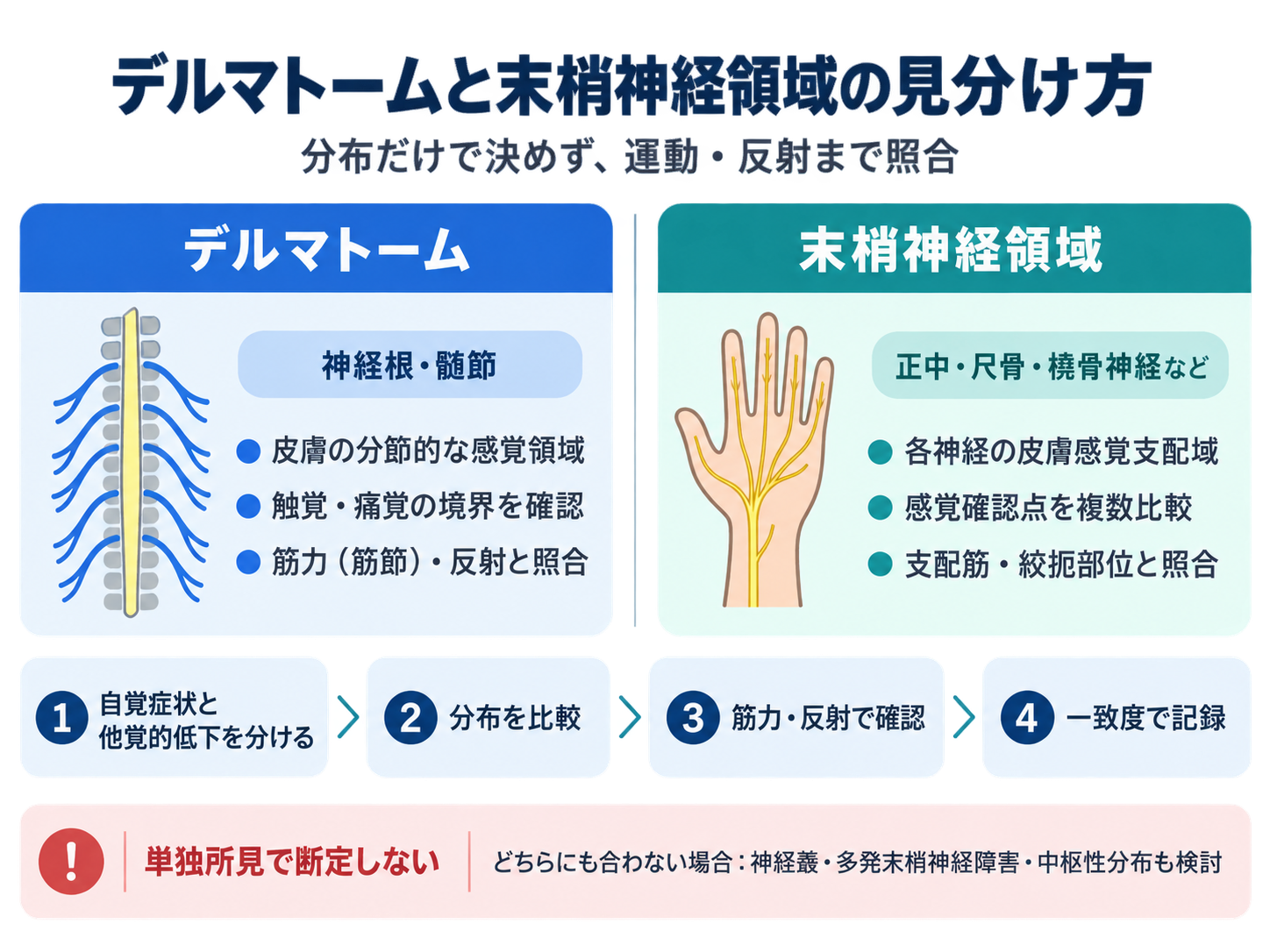 デルマトームと末梢神経領域の違いと感覚検査での見分け方を比較した図