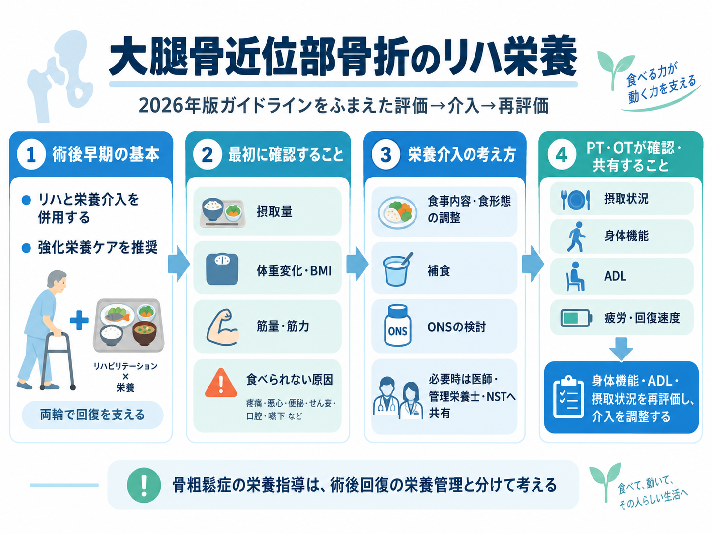 大腿骨近位部骨折のリハ栄養。2026年版ガイドラインをふまえ、術後早期の基本、摂取量・体重変化・BMI・筋量・筋力・食べられない原因の確認、栄養介入、PT・OTによる身体機能・ADL・摂取状況の再評価までを示した図。