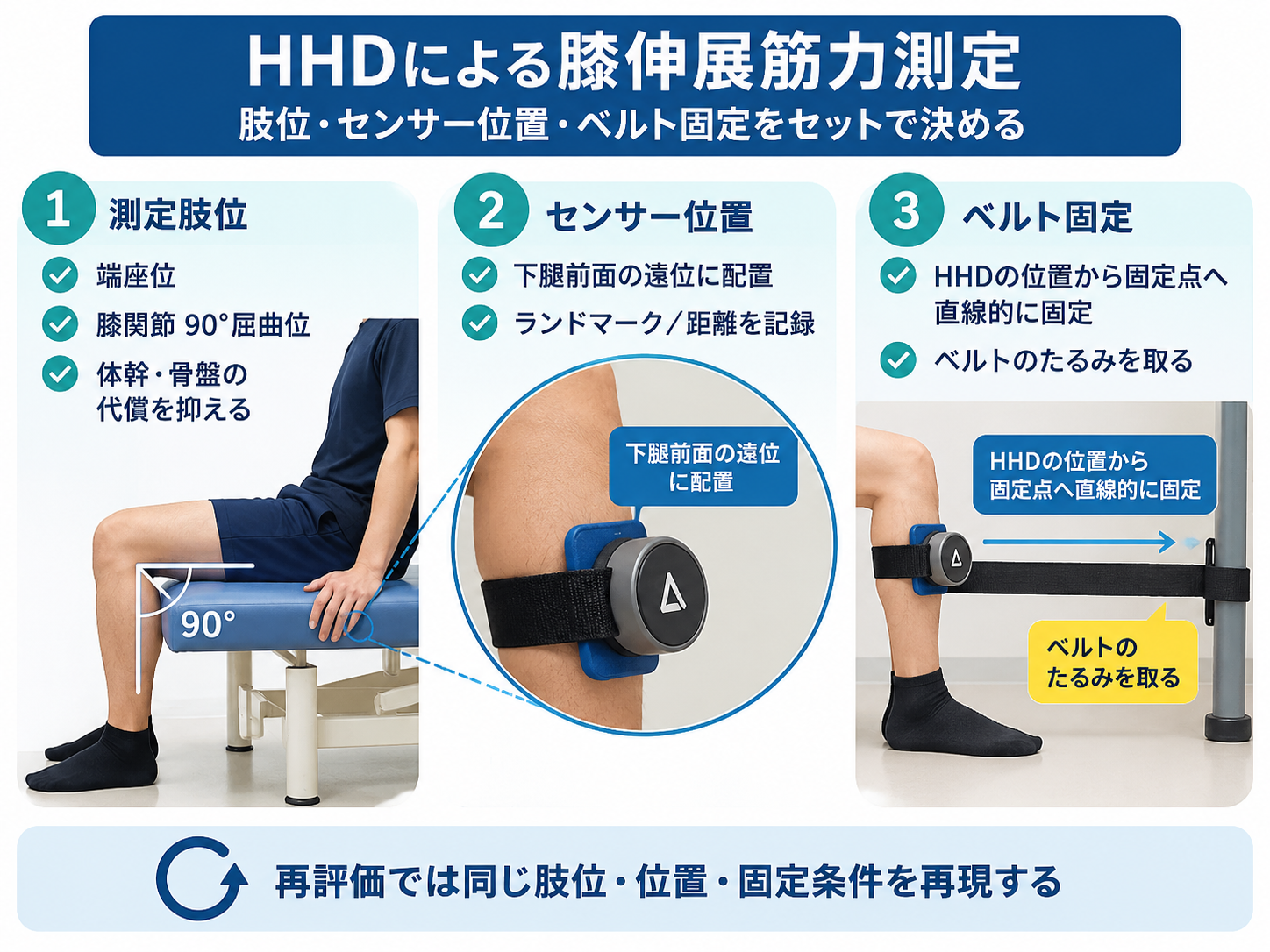 HHDによる膝伸展筋力測定の肢位・センサー位置・ベルト固定を示す図