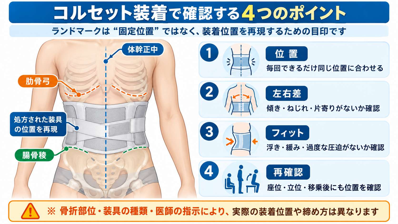 腰椎圧迫骨折患者のコルセット装着で確認する体幹正中・肋骨弓・腸骨稜と位置・左右差・フィット・動作後の再確認