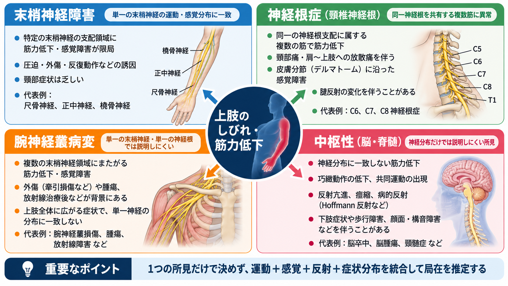 上肢のしびれ・筋力低下から末梢神経障害、神経根症、腕神経叢病変、中枢性病変の局在を整理する図