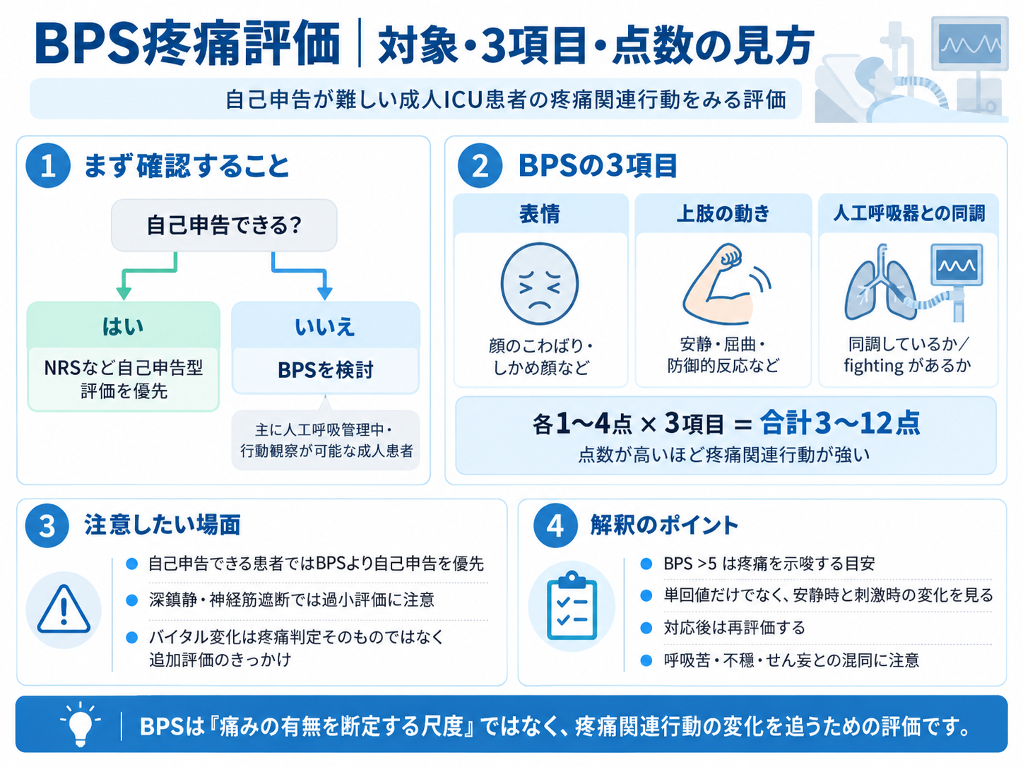 BPS疼痛評価の対象・3項目・点数の見方を整理した図。自己申告の可否、表情・上肢の動き・人工呼吸器との同調、合計3〜12点、解釈時の注意点を示す