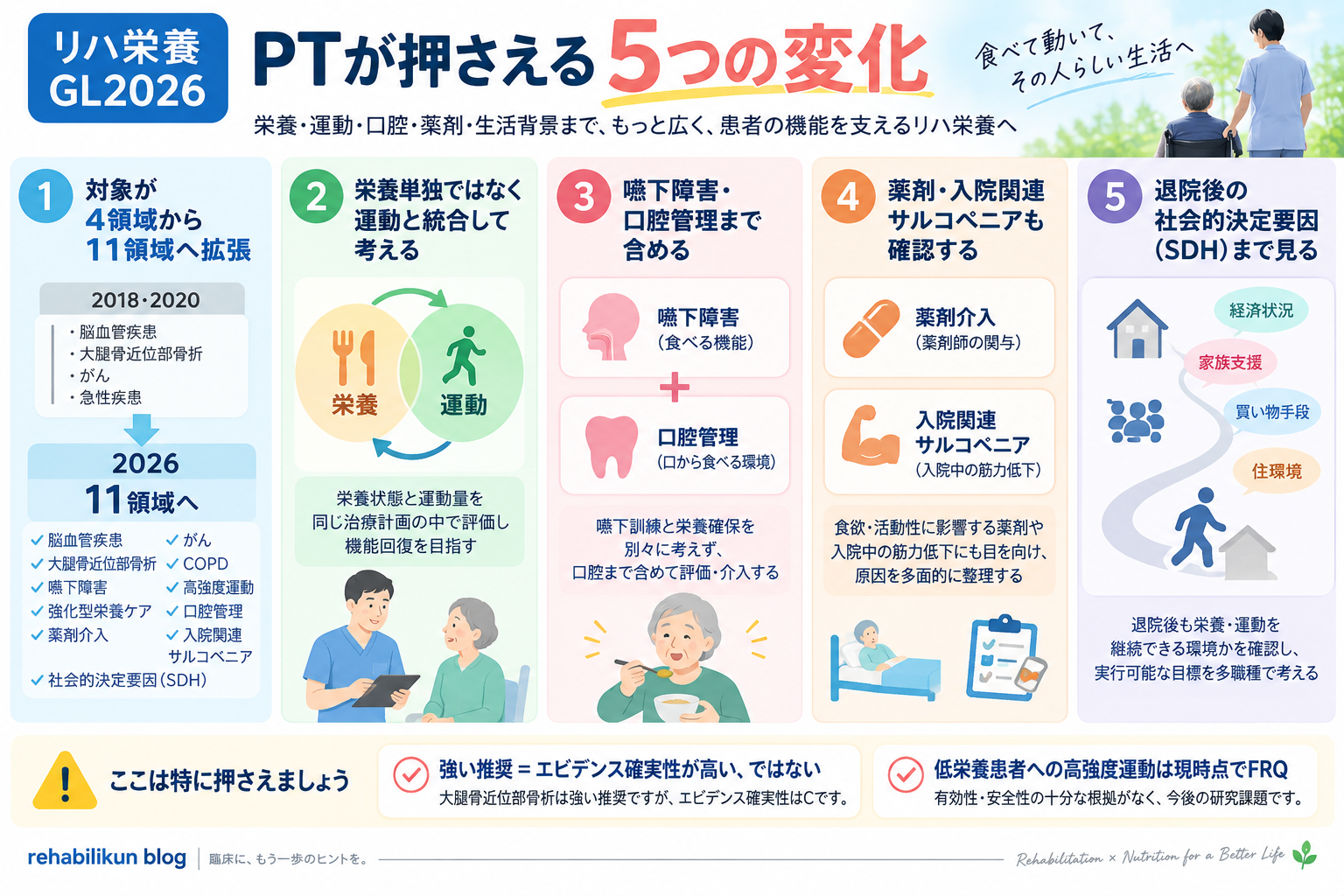 リハ栄養ガイドライン2026でPTが押さえる5つの変化。11領域への拡張、栄養と運動の統合、嚥下・口腔管理、薬剤・入院関連サルコペニア、社会的決定要因を整理した図版