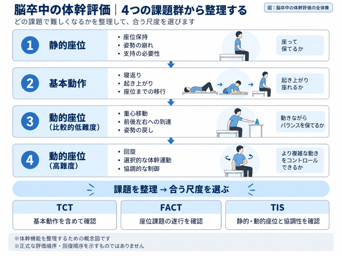 脳卒中の体幹評価を静的座位、基本動作、動的座位の4つの課題群から整理し、TCT・FACT・TISの尺度選択につなげる概念図