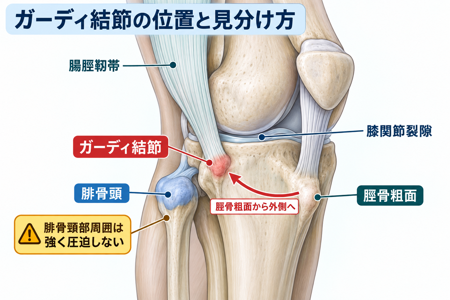 ガーディ結節、脛骨粗面、腓骨頭、膝関節裂隙、腸脛靱帯の位置関係と触診ルート