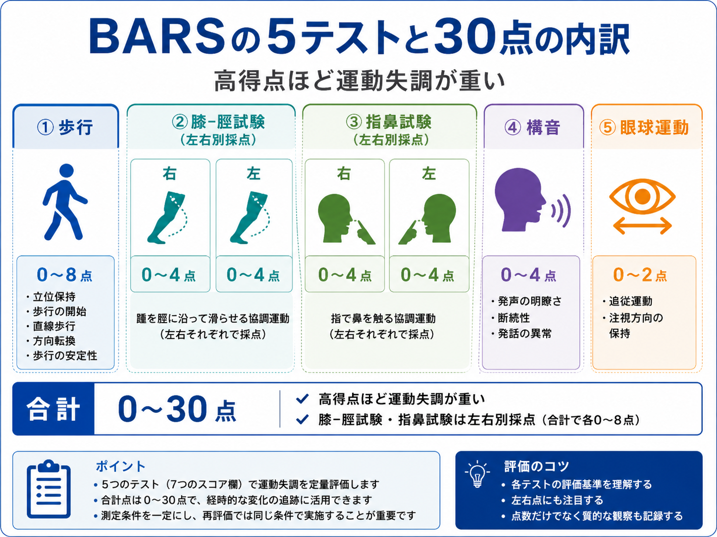 BARSの5テストと30点の内訳。歩行、膝‐脛試験、指鼻試験、構音、眼球運動の配点と左右別採点を示した図版
