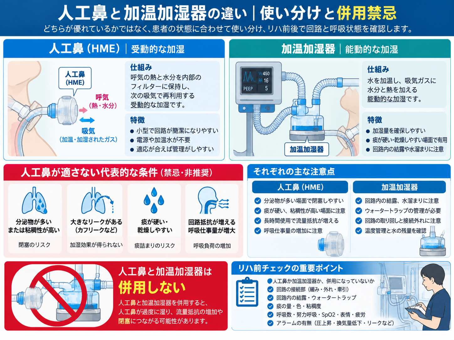 人工鼻と加温加湿器の違いを比較した図解。人工鼻は呼気の熱と水分を再利用する受動的加湿、加温加湿器は能動的加湿。人工鼻が適さない条件、併用禁忌、リハ前チェックを整理。